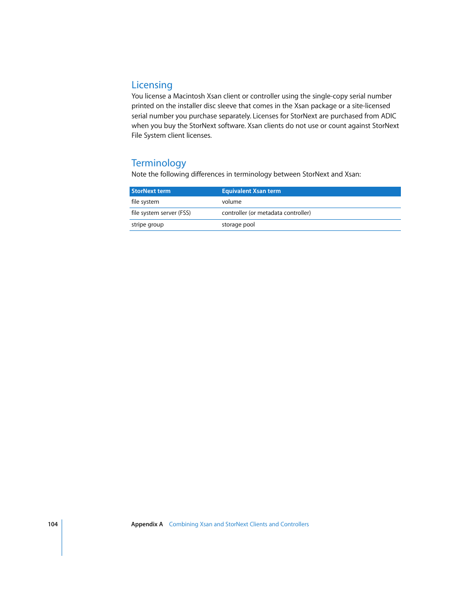 Licensing, Terminology | Apple Xsan 1.1 User Manual | Page 104 / 134