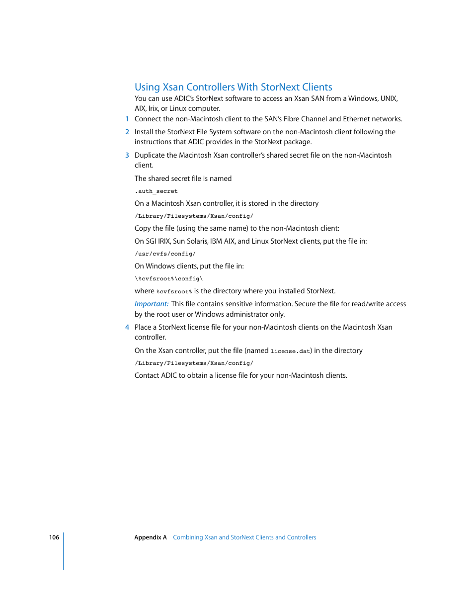 Using xsan controllers with stornext clients | Apple Xsan 1.1 User Manual | Page 106 / 134
