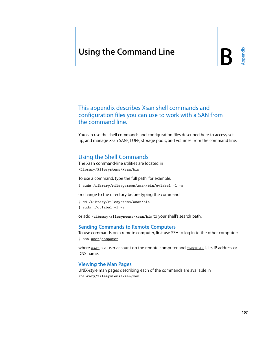 Using the command line, Using the shell commands, Sending commands to remote computers | Appendix b | Apple Xsan 1.1 User Manual | Page 107 / 134