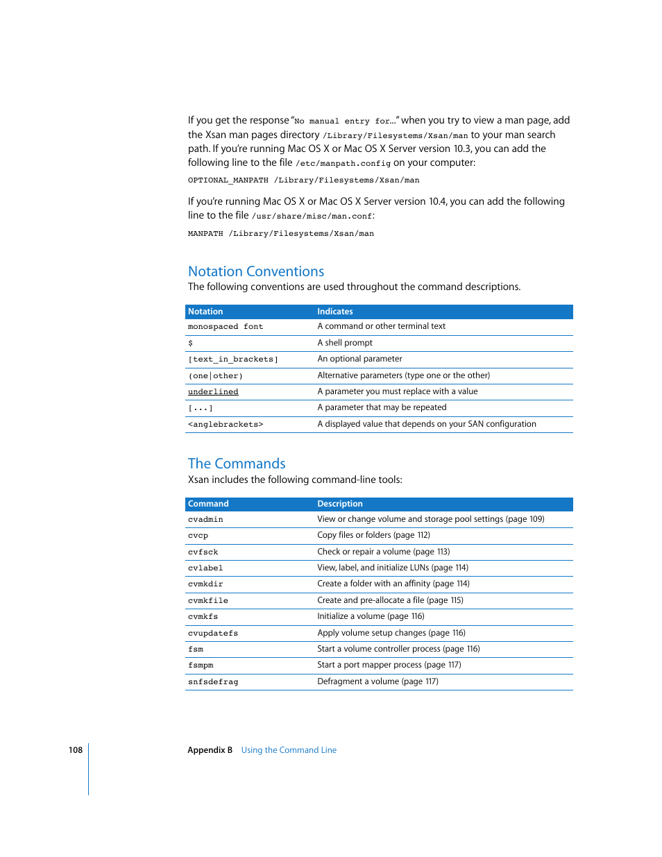 Notation conventions, The commands | Apple Xsan 1.1 User Manual | Page 108 / 134