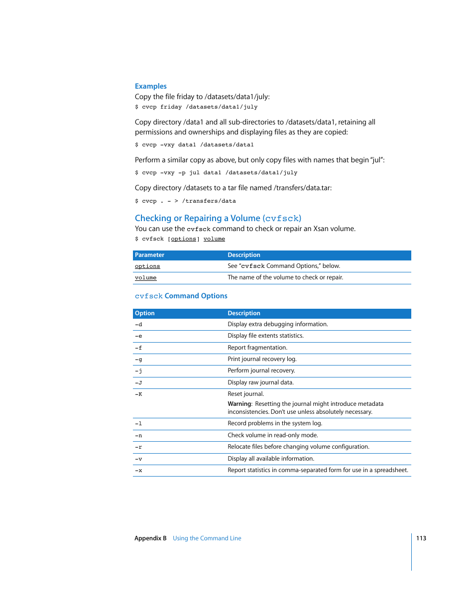 Checking or repairing a volume (cvfsck), Checking or repairing a volume ( cvfsck ) | Apple Xsan 1.1 User Manual | Page 113 / 134