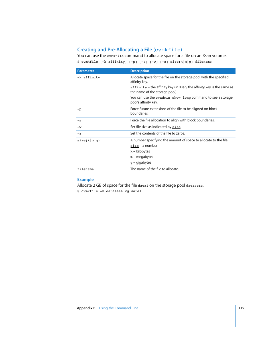 Creating and pre-allocating a file (cvmkfile), Creating and pre-allocating a file ( cvmkfile ) | Apple Xsan 1.1 User Manual | Page 115 / 134