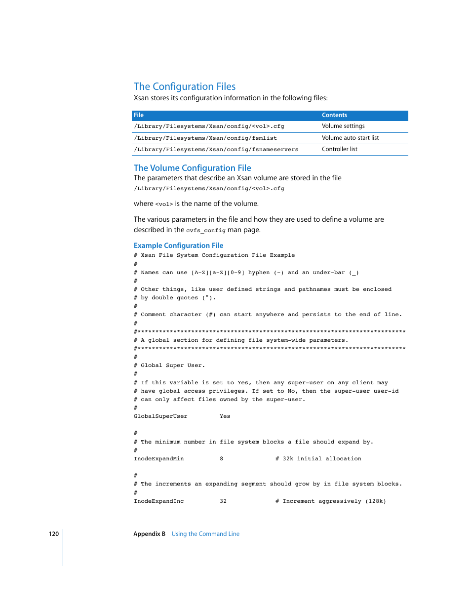 The configuration files, The volume configuration file | Apple Xsan 1.1 User Manual | Page 120 / 134