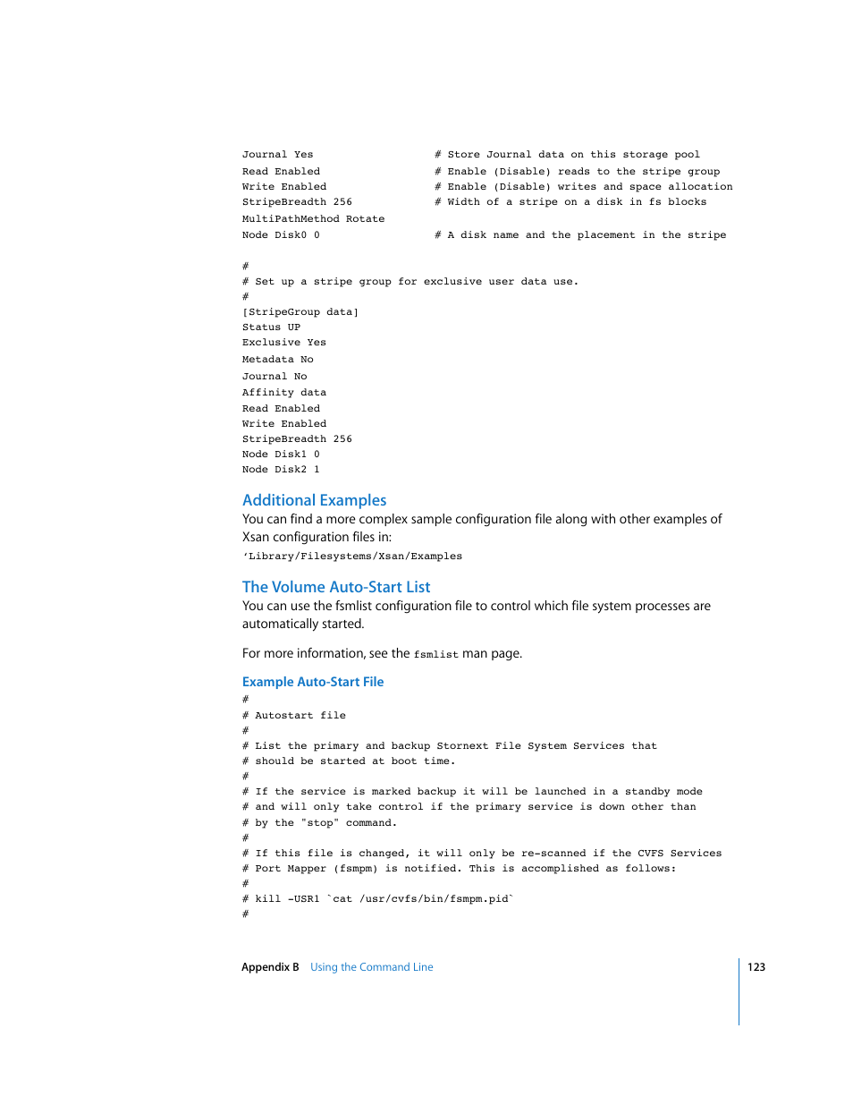 Additional examples, The volume auto-start list | Apple Xsan 1.1 User Manual | Page 123 / 134