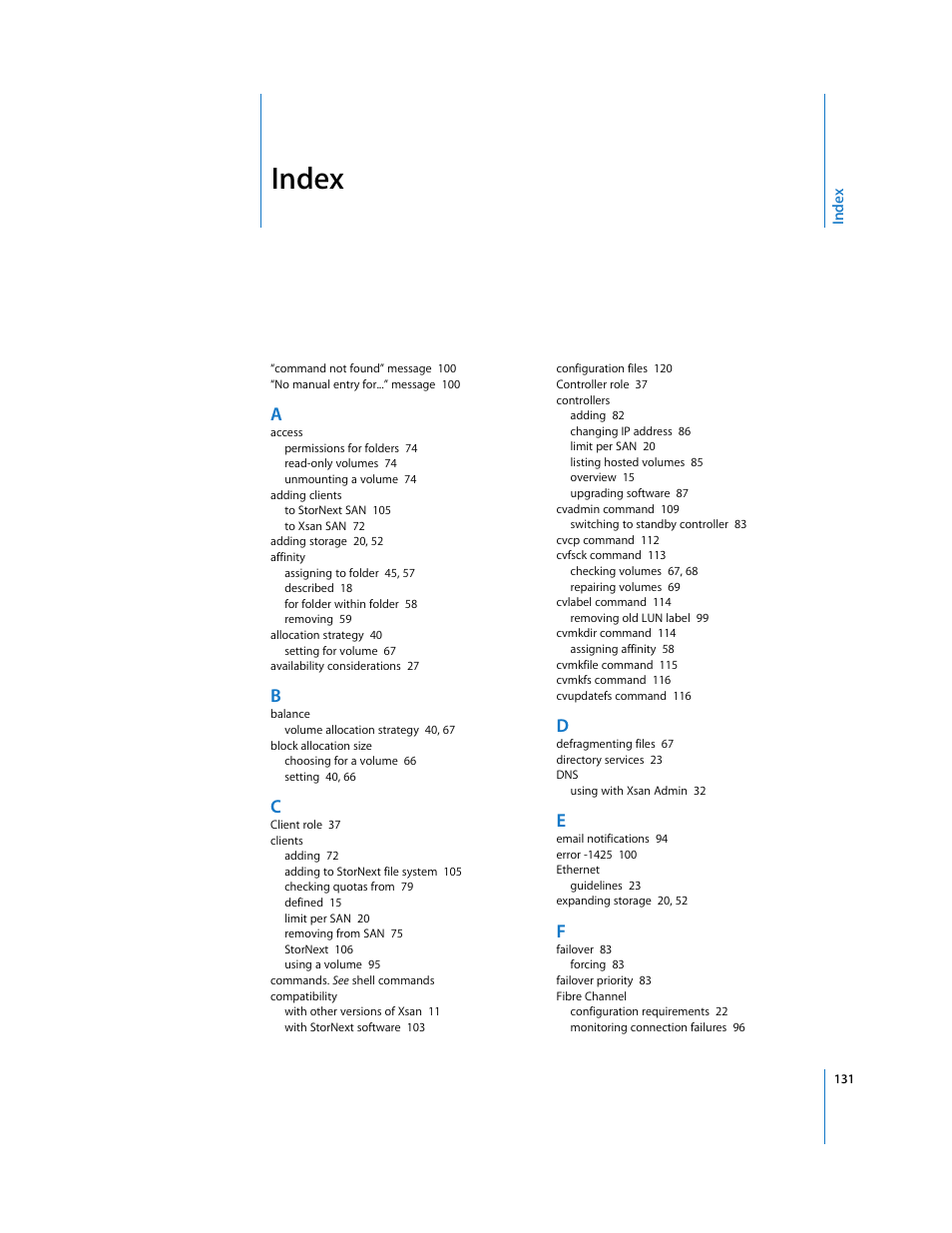 Index | Apple Xsan 1.1 User Manual | Page 131 / 134