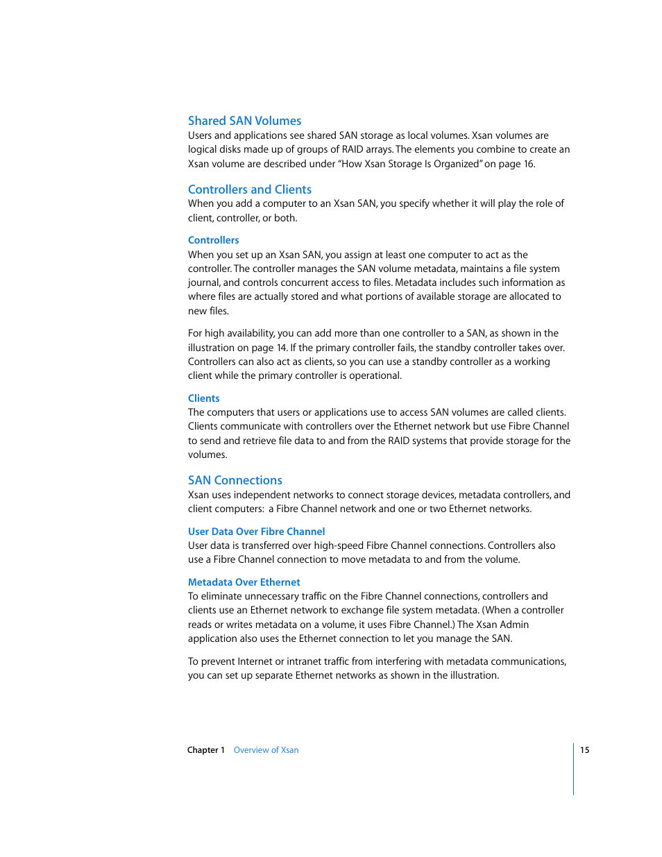 Shared san volumes, Controllers and clients, San connections | Apple Xsan 1.1 User Manual | Page 15 / 134