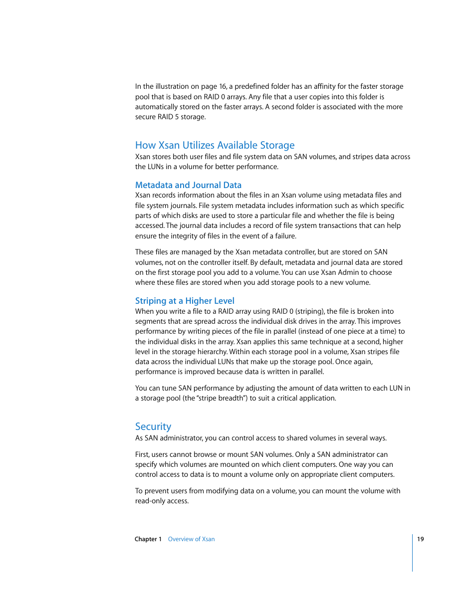 How xsan utilizes available storage, Metadata and journal data, Striping at a higher level | Security | Apple Xsan 1.1 User Manual | Page 19 / 134