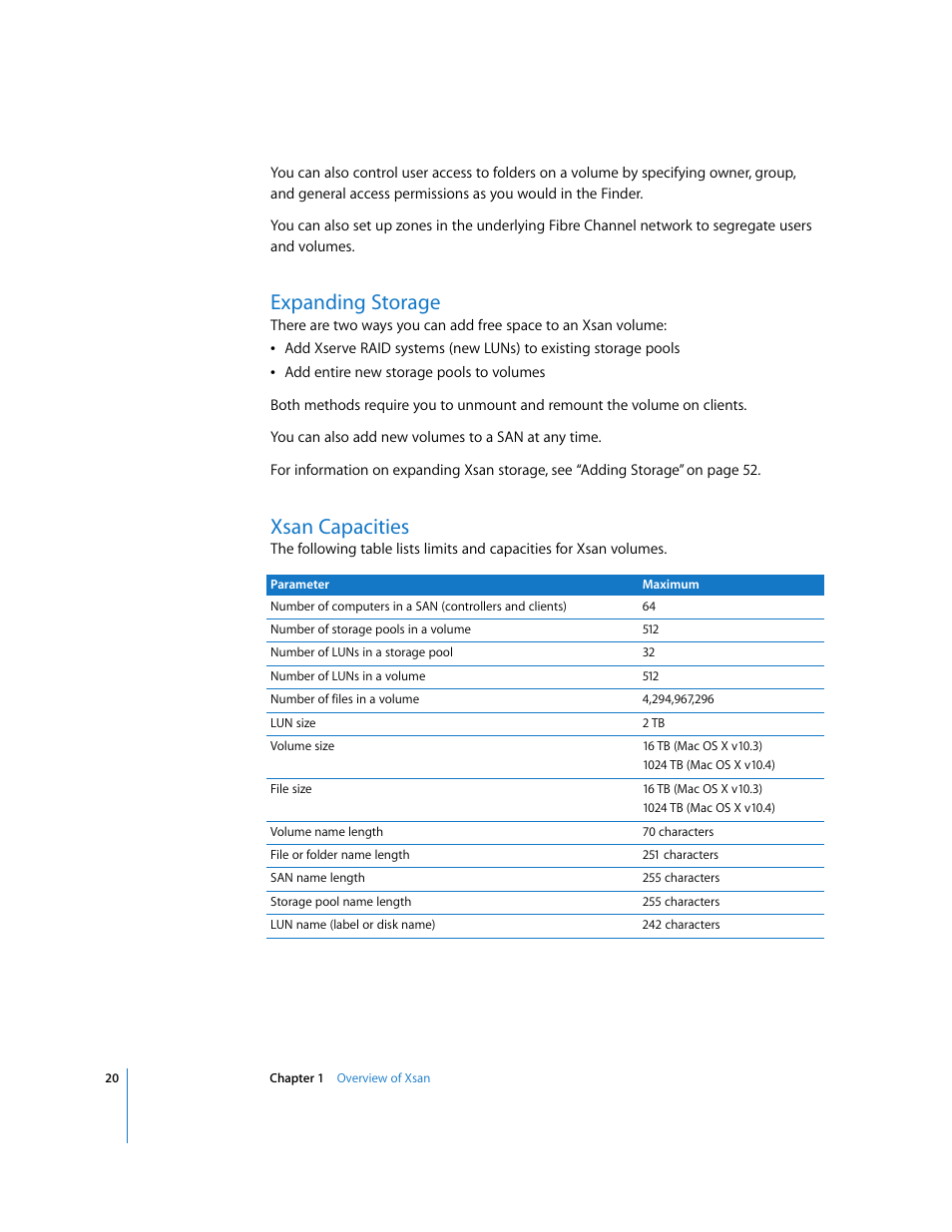 Expanding storage, Xsan capacities | Apple Xsan 1.1 User Manual | Page 20 / 134
