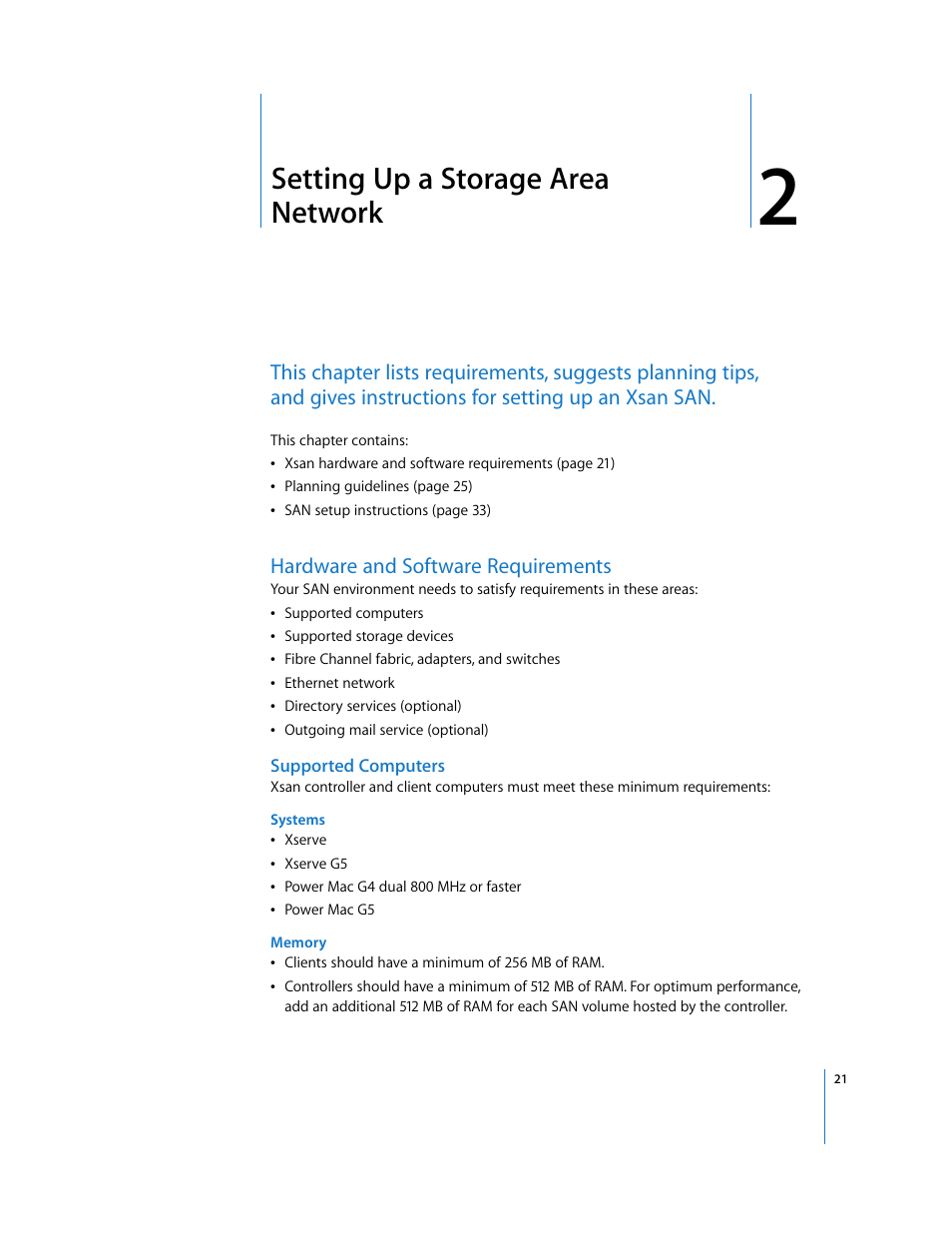 Setting up a storage area network, Hardware and software requirements, Supported computers | Chapter 2 | Apple Xsan 1.1 User Manual | Page 21 / 134