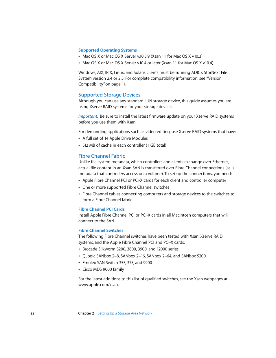 Supported storage devices, Fibre channel fabric | Apple Xsan 1.1 User Manual | Page 22 / 134