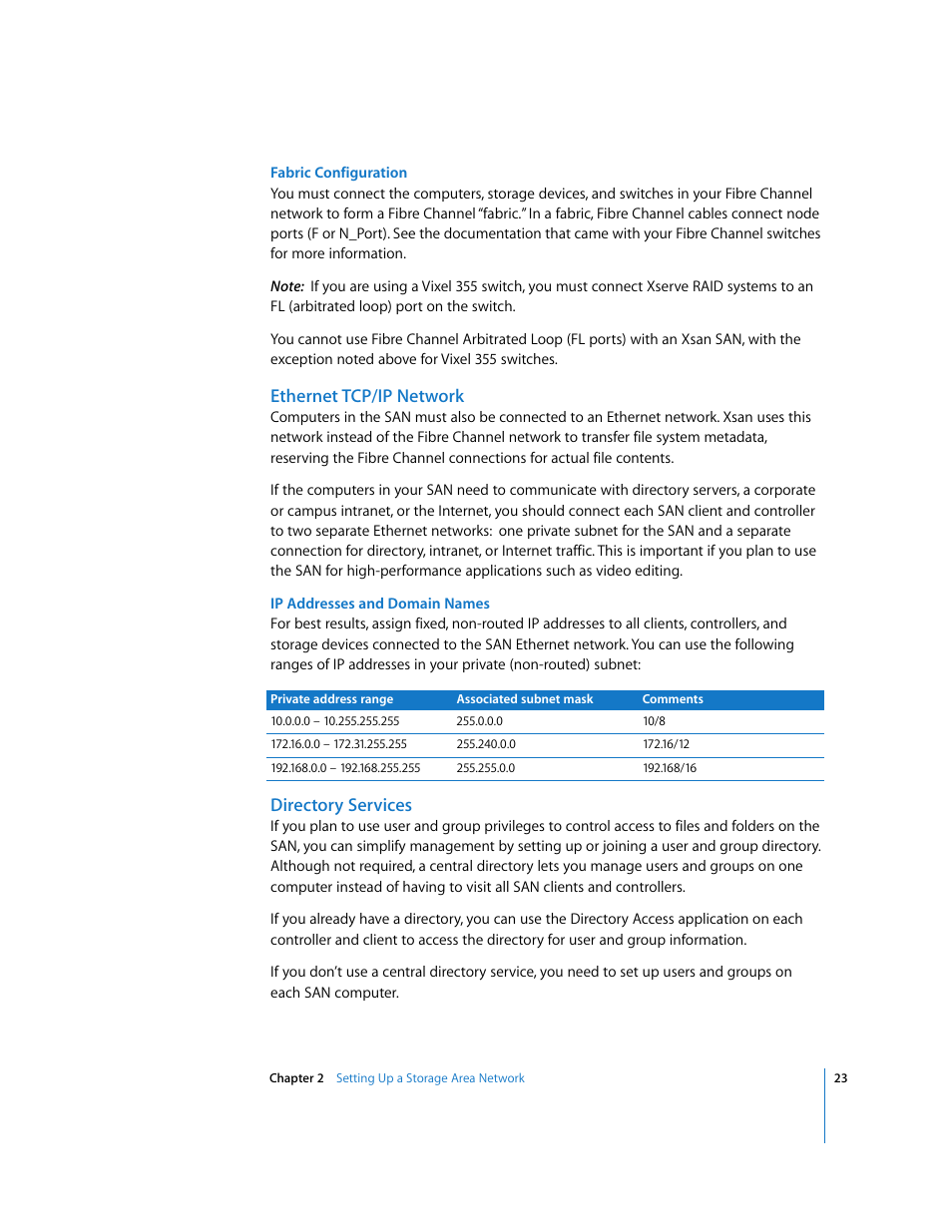 Ethernet tcp/ip network, Directory services | Apple Xsan 1.1 User Manual | Page 23 / 134