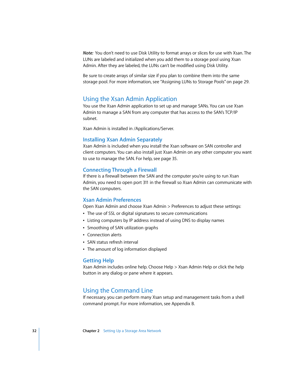 Using the xsan admin application, Installing xsan admin separately, Connecting through a firewall | Xsan admin preferences, Getting help, Using the command line | Apple Xsan 1.1 User Manual | Page 32 / 134