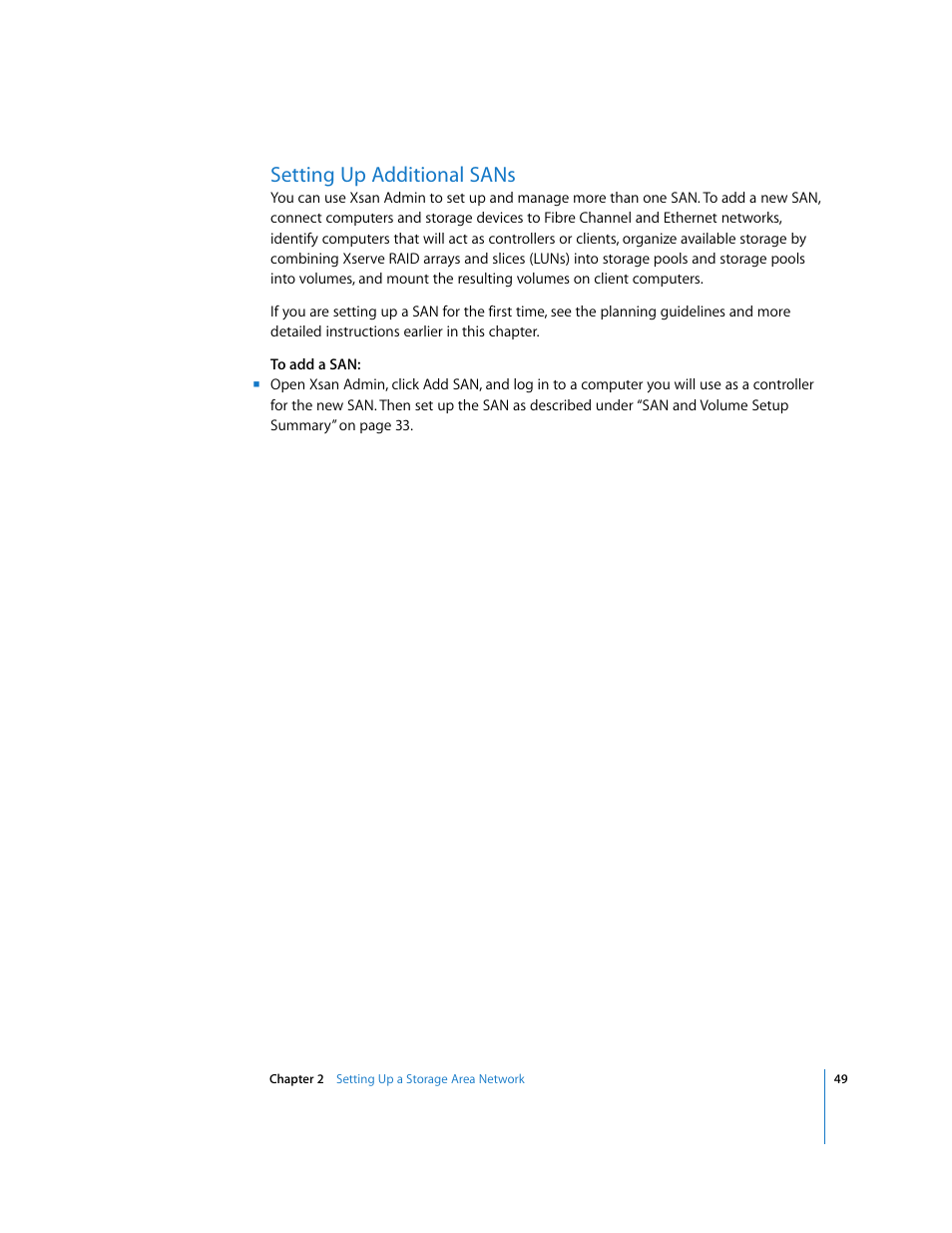 Setting up additional sans | Apple Xsan 1.1 User Manual | Page 49 / 134