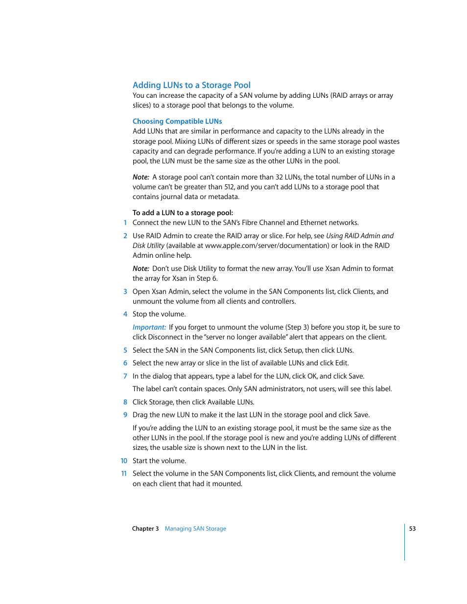 Adding luns to a storage pool | Apple Xsan 1.1 User Manual | Page 53 / 134