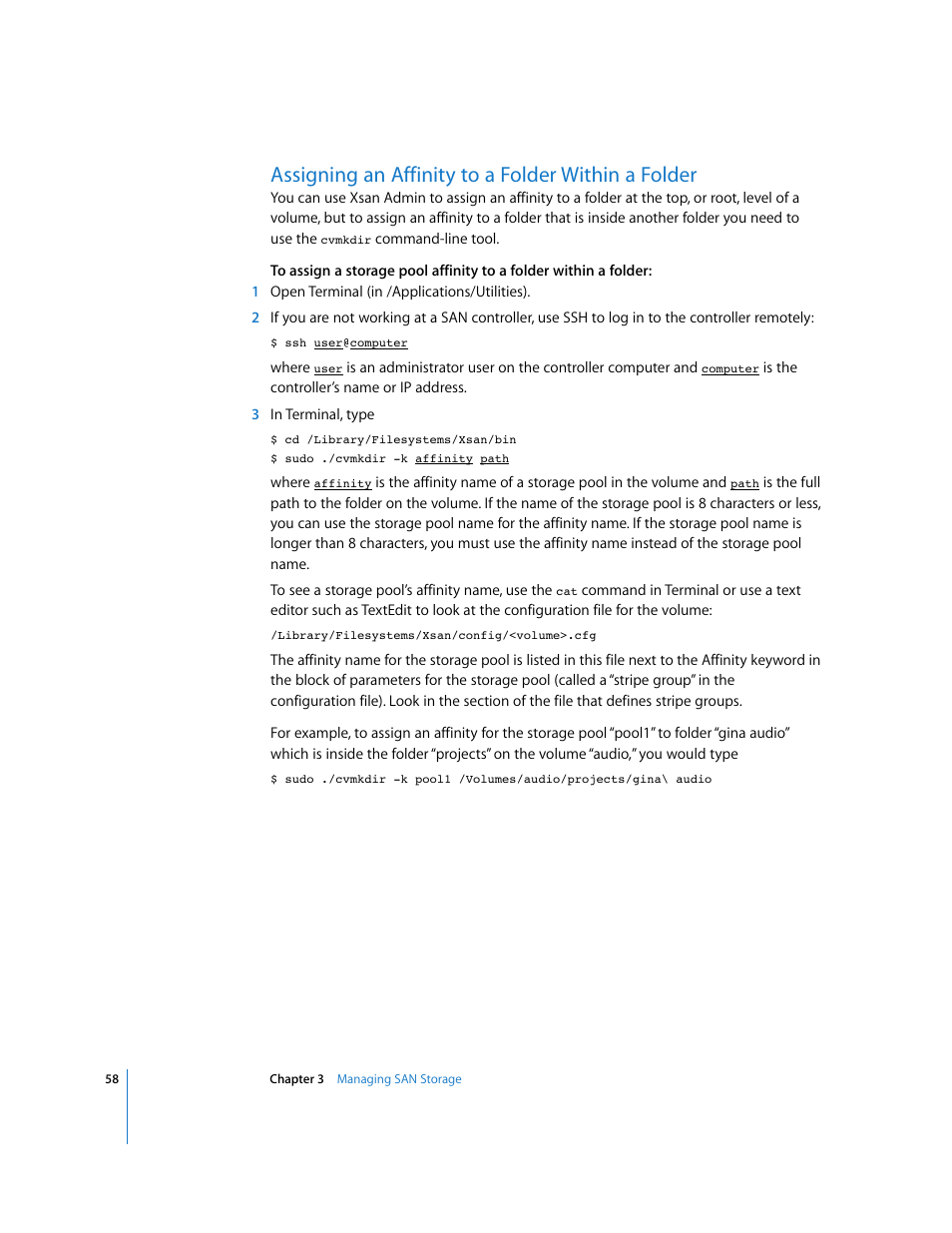Assigning an affinity to a folder within a folder | Apple Xsan 1.1 User Manual | Page 58 / 134