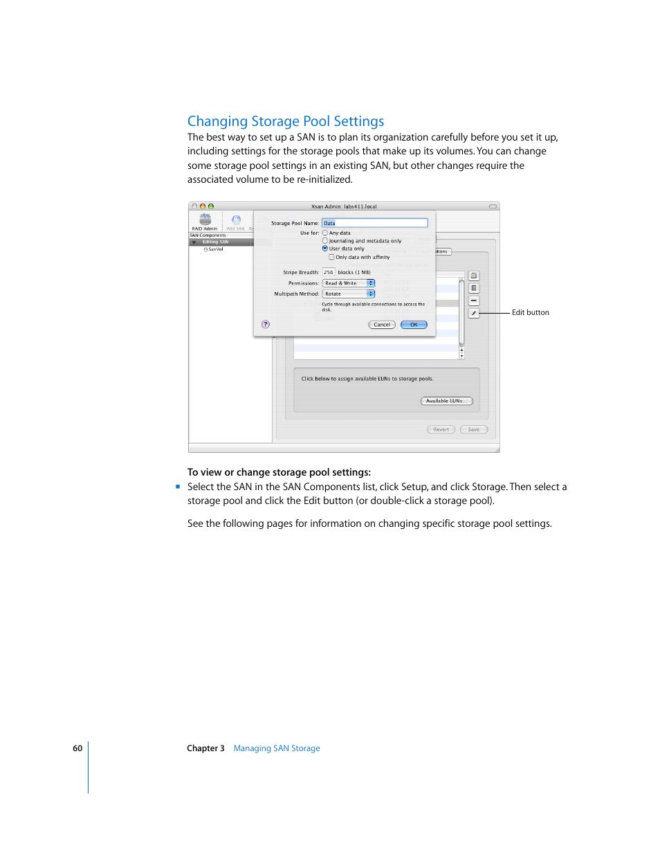 Changing storage pool settings | Apple Xsan 1.1 User Manual | Page 60 / 134
