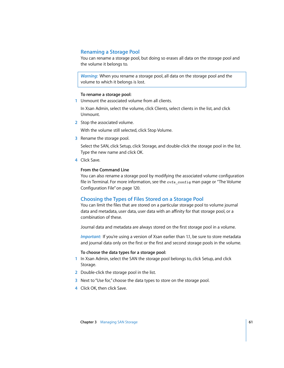 Renaming a storage pool | Apple Xsan 1.1 User Manual | Page 61 / 134