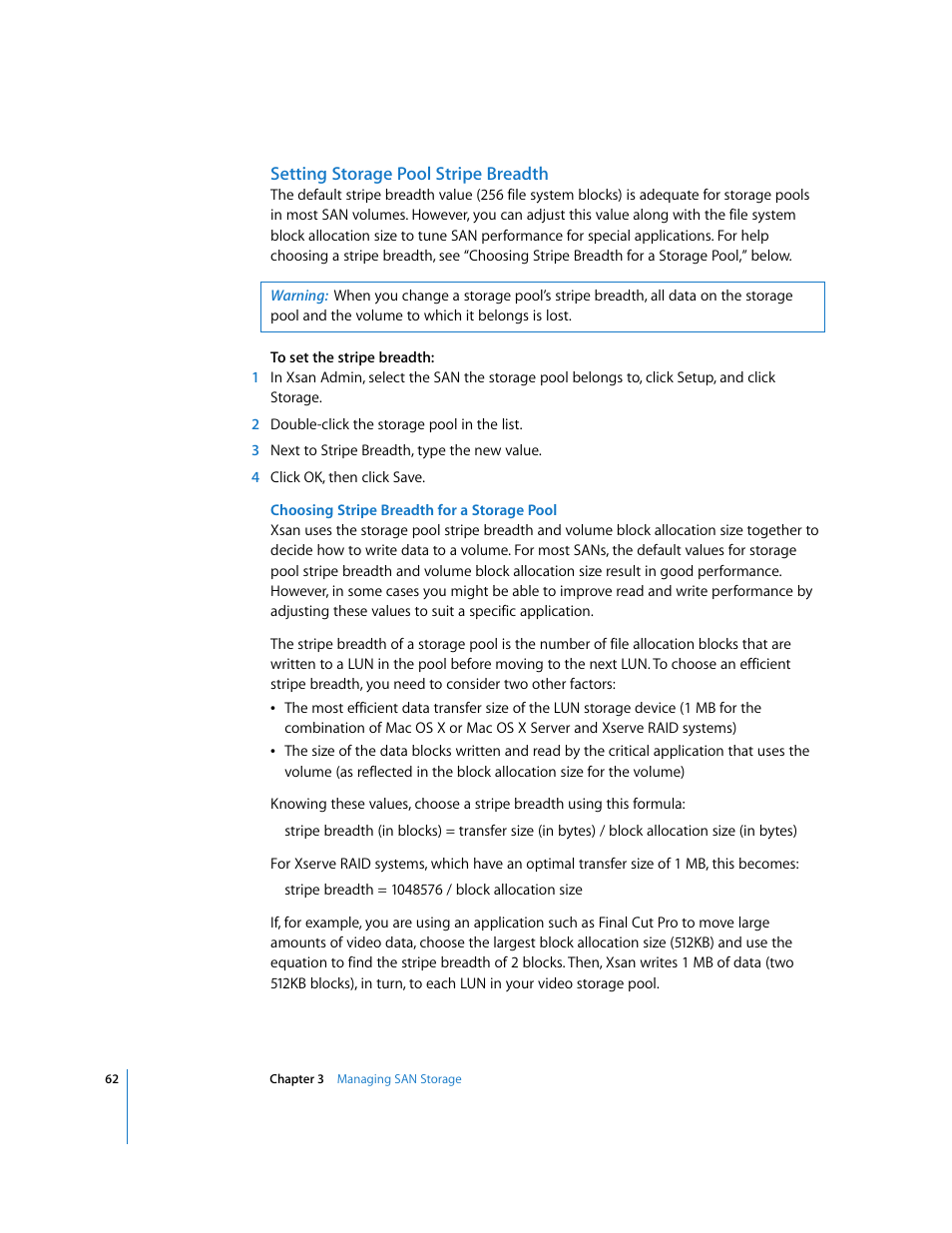 Setting storage pool stripe breadth | Apple Xsan 1.1 User Manual | Page 62 / 134