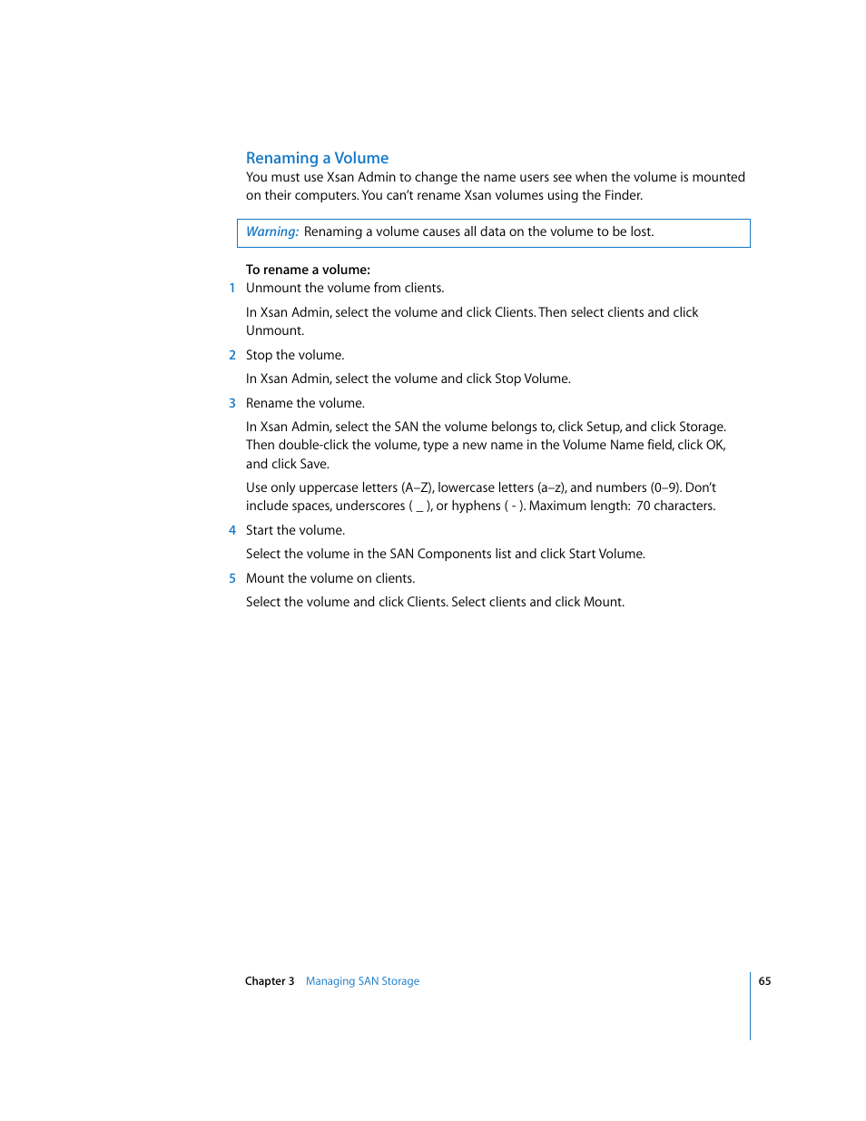 Renaming a volume | Apple Xsan 1.1 User Manual | Page 65 / 134