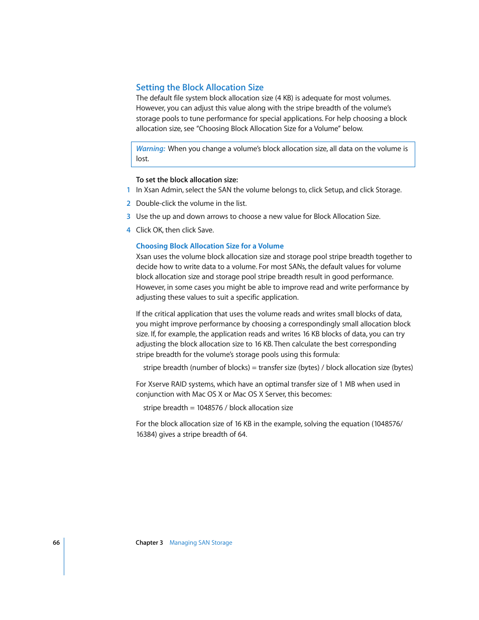 Setting the block allocation size | Apple Xsan 1.1 User Manual | Page 66 / 134