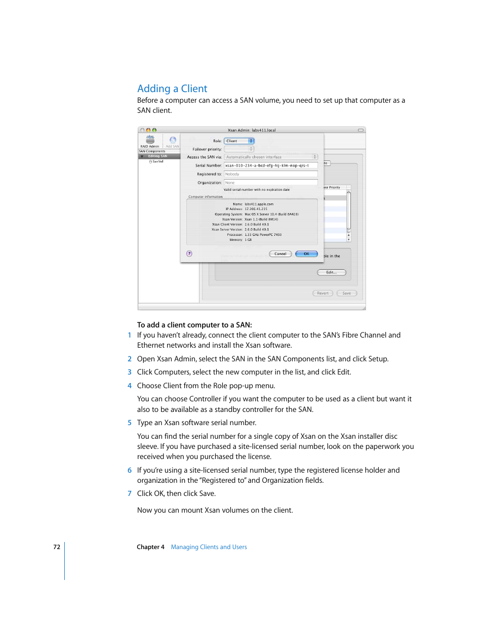 Adding a client | Apple Xsan 1.1 User Manual | Page 72 / 134