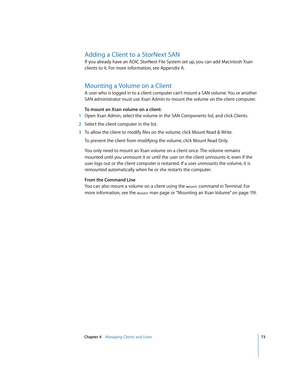 Adding a client to a stornext san, Mounting a volume on a client | Apple Xsan 1.1 User Manual | Page 73 / 134