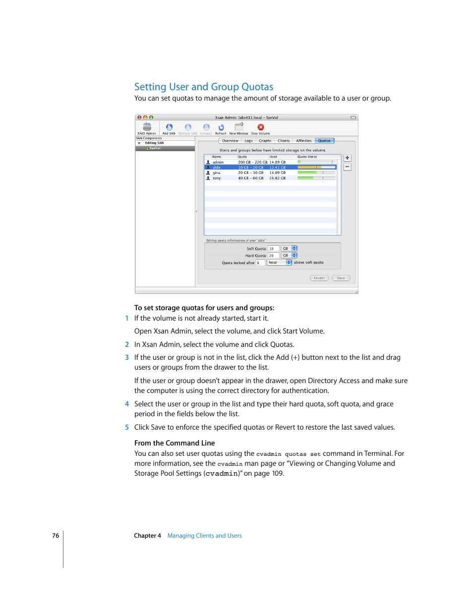 Setting user and group quotas | Apple Xsan 1.1 User Manual | Page 76 / 134