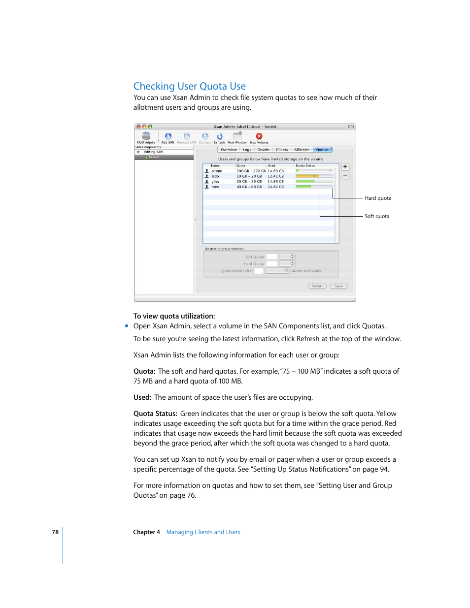 Checking user quota use | Apple Xsan 1.1 User Manual | Page 78 / 134