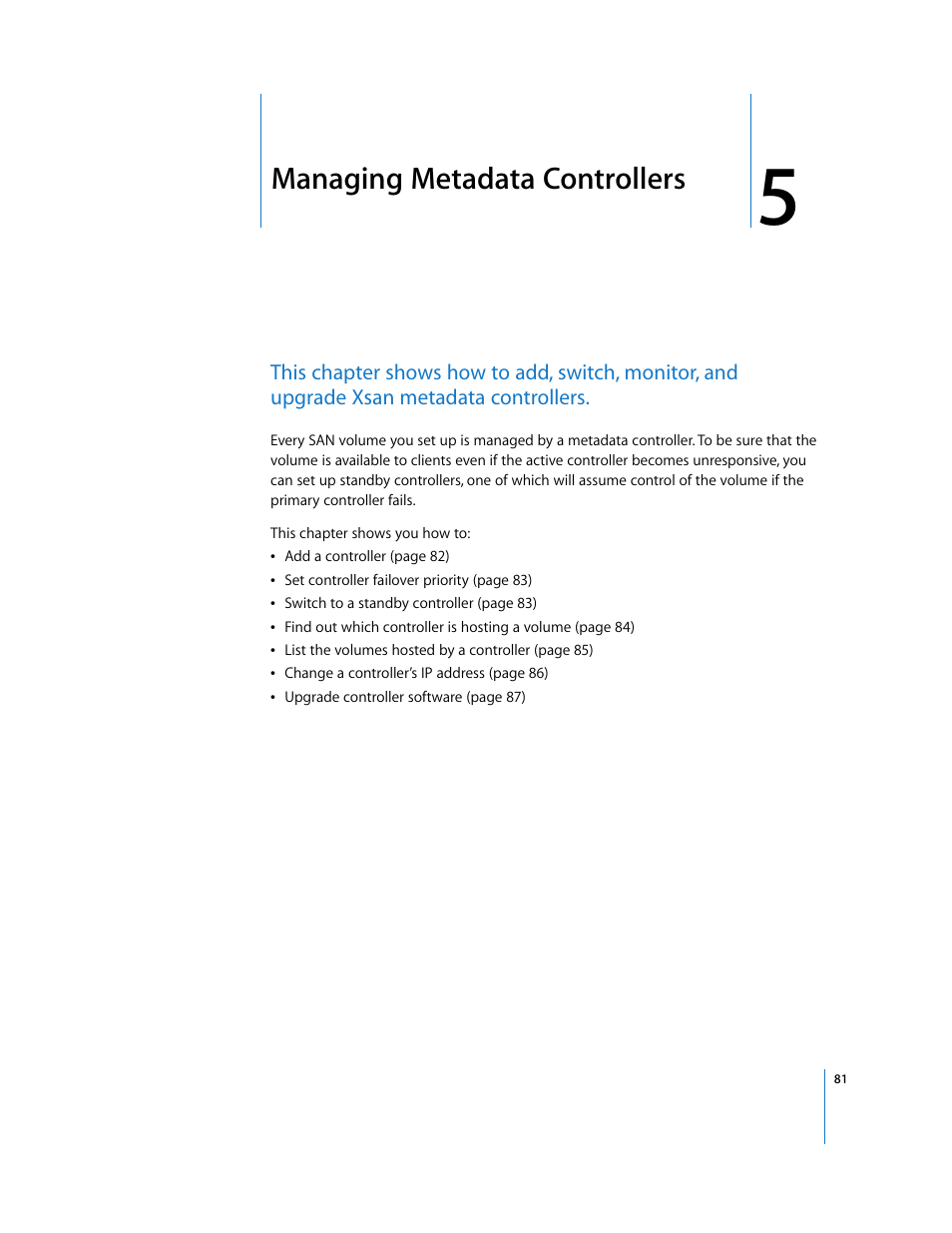 Managing metadata controllers, Chapter 5 | Apple Xsan 1.1 User Manual | Page 81 / 134