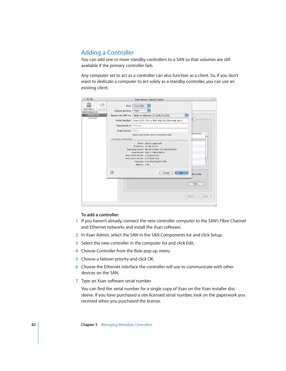 Adding a controller | Apple Xsan 1.1 User Manual | Page 82 / 134