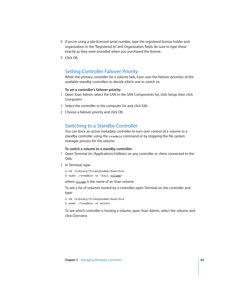 Setting controller failover priority, Switching to a standby controller | Apple Xsan 1.1 User Manual | Page 83 / 134