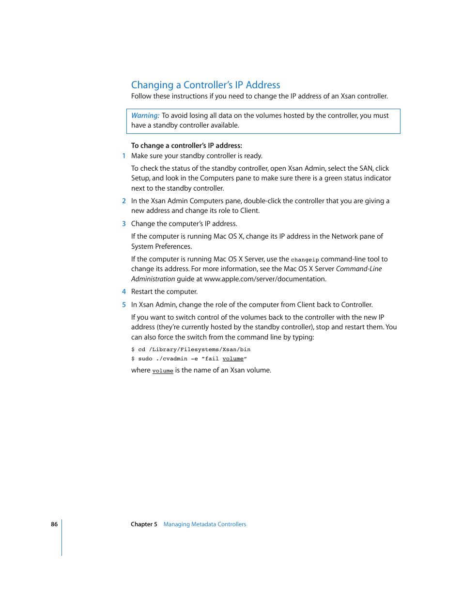 Changing a controller’s ip address | Apple Xsan 1.1 User Manual | Page 86 / 134