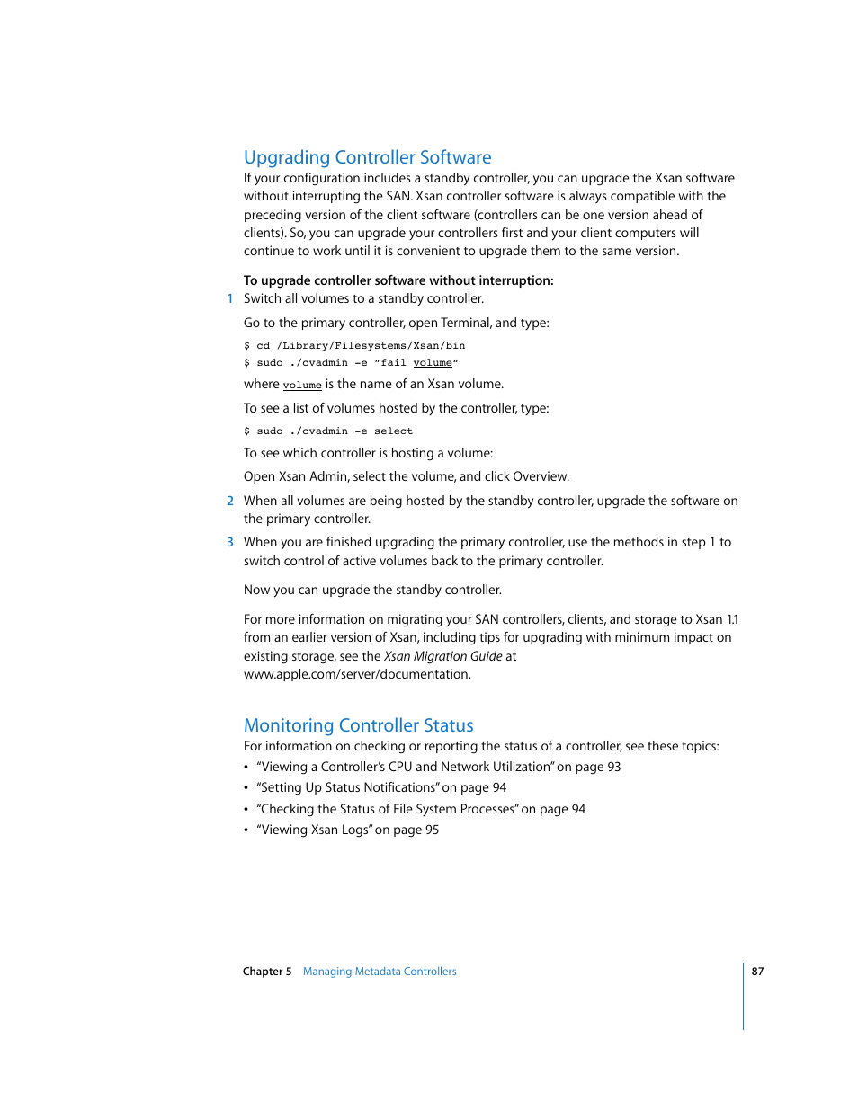 Upgrading controller software, Monitoring controller status | Apple Xsan 1.1 User Manual | Page 87 / 134