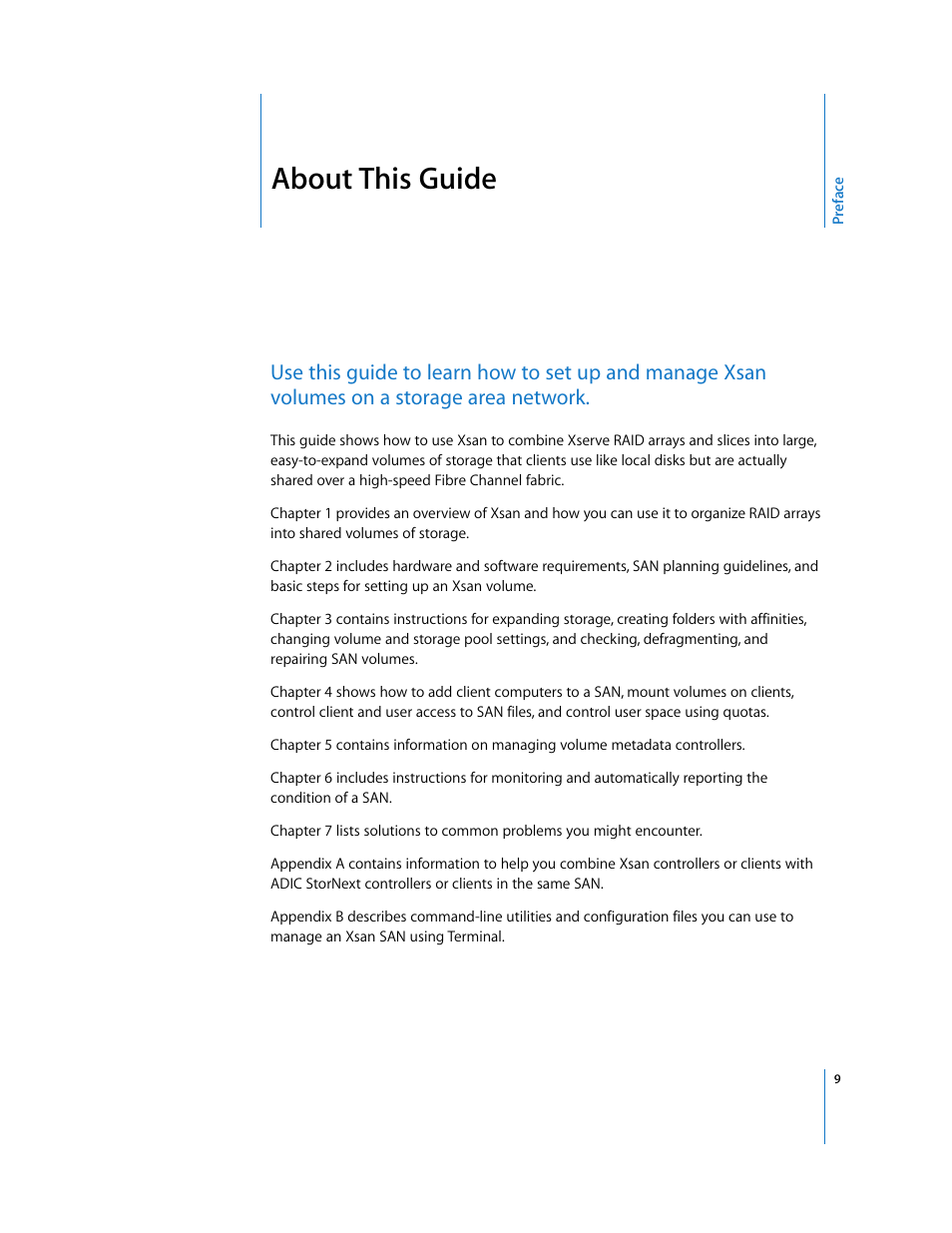 About this guide, Preface | Apple Xsan 1.1 User Manual | Page 9 / 134