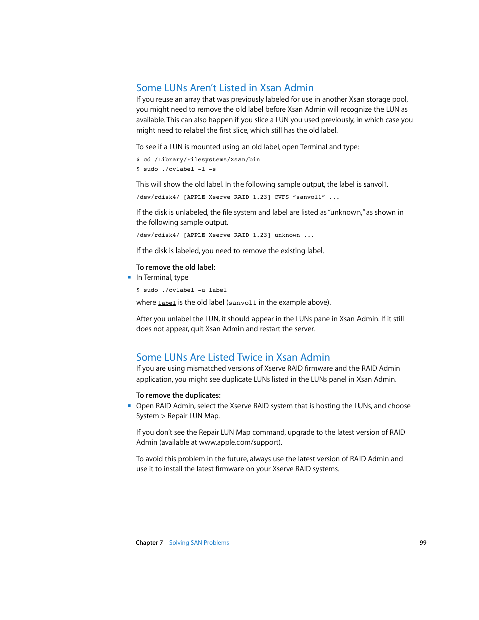Some luns aren’t listed in xsan admin, Some luns are listed twice in xsan admin | Apple Xsan 1.1 User Manual | Page 99 / 134