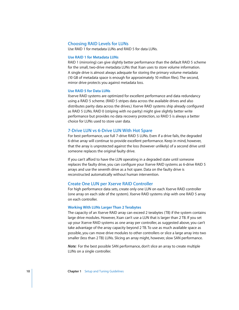 Choosing raid levels for luns, Drive lun vs 6-drive lun with hot spare, Create one lun per xserve raid controller | Apple Xsan 1.x User Manual | Page 10 / 39