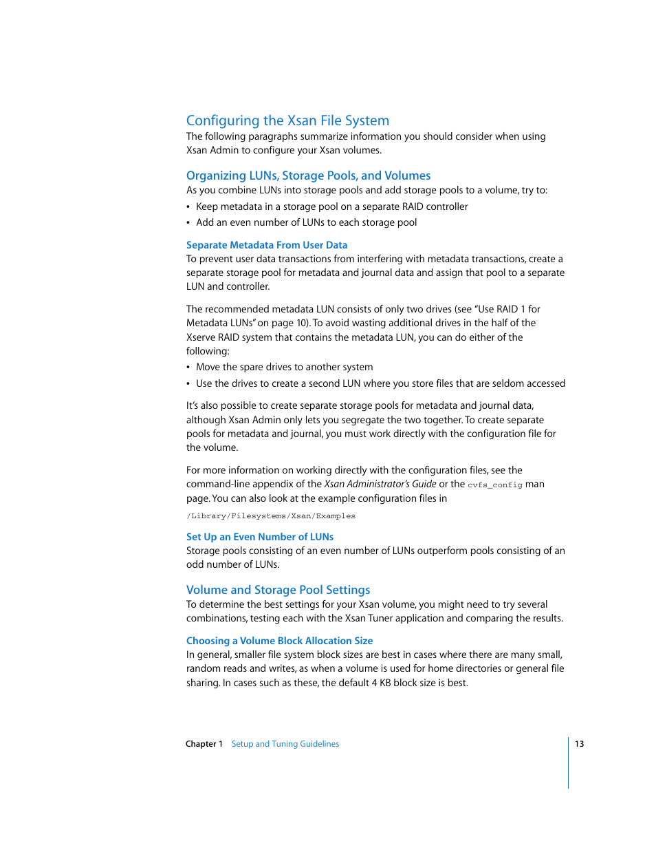Configuring the xsan file system, Organizing luns, storage pools, and volumes, Volume and storage pool settings | Apple Xsan 1.x User Manual | Page 13 / 39
