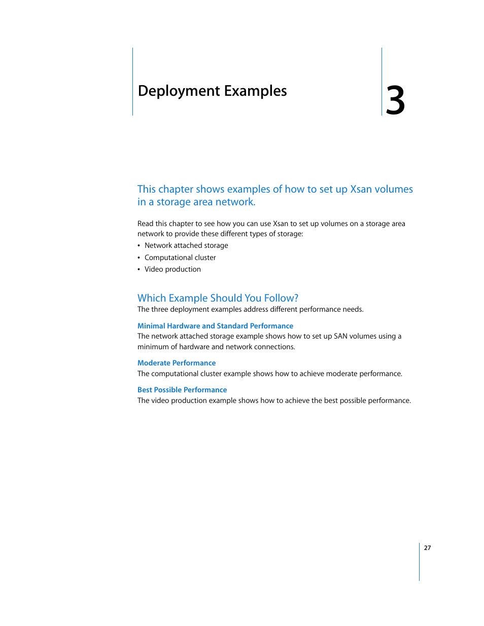 Deployment examples, Which example should you follow, Chapter 3 | Apple Xsan 1.x User Manual | Page 27 / 39