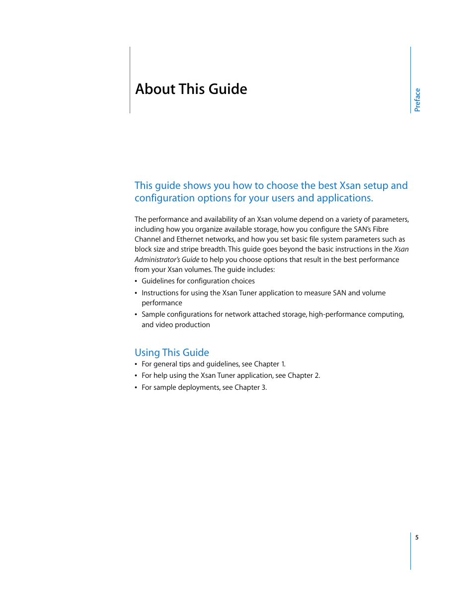 About this guide, Using this guide, Preface | Apple Xsan 1.x User Manual | Page 5 / 39