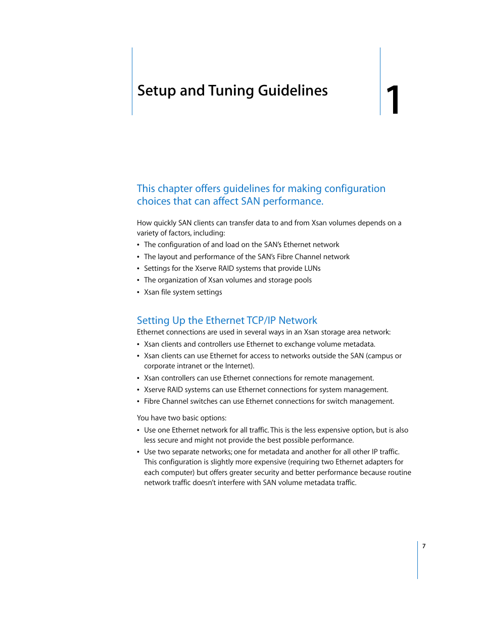 Setup and tuning guidelines, Setting up the ethernet tcp/ip network, Chapter 1 | Apple Xsan 1.x User Manual | Page 7 / 39