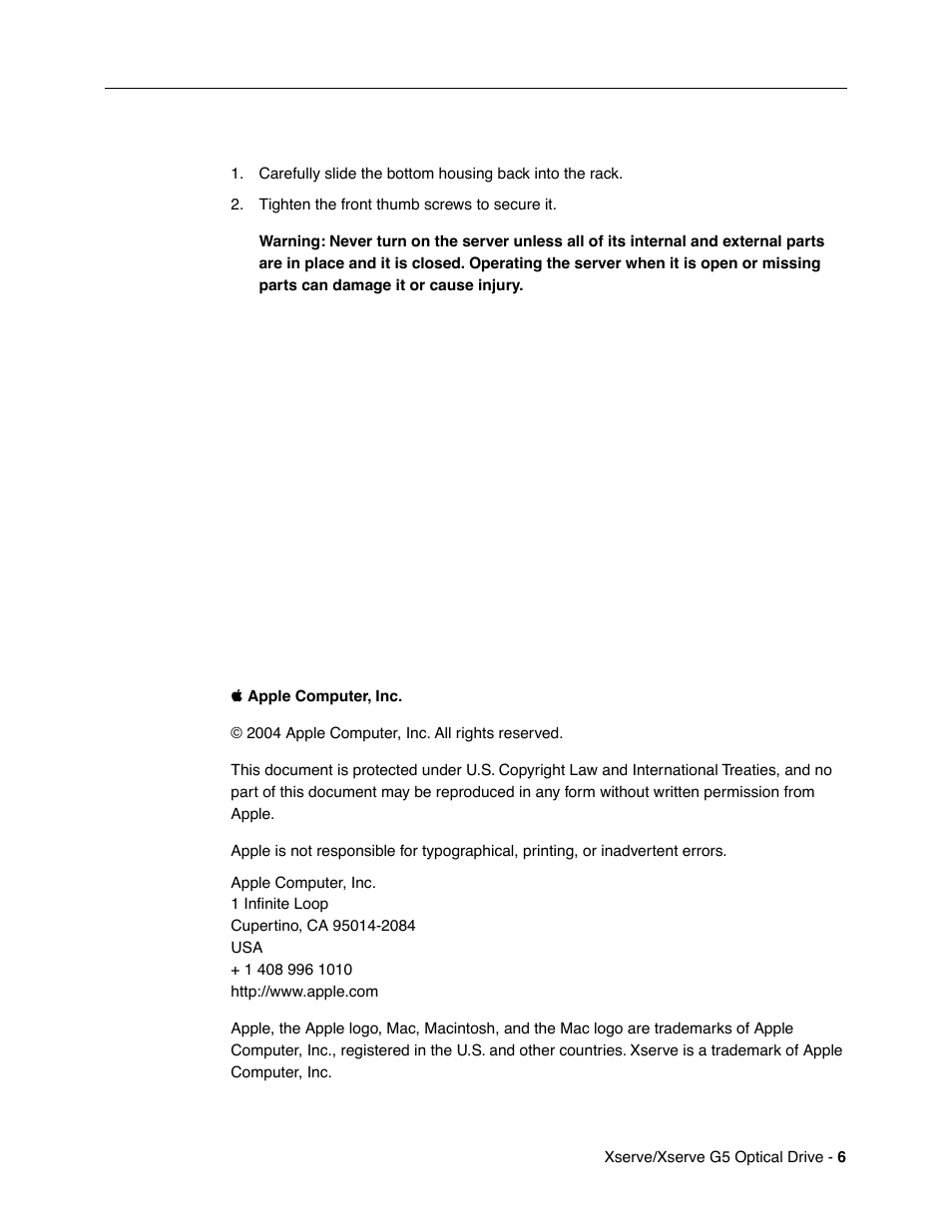 Closing the server | Apple Xserve Intel (Late 2006) DIY Procedure for Optical Drive Cable User Manual | Page 6 / 6