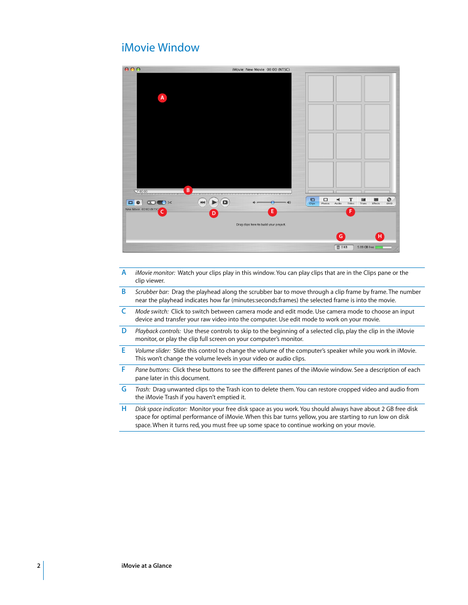 Imovie window | Apple iMovie at a Glance User Manual | Page 2 / 10