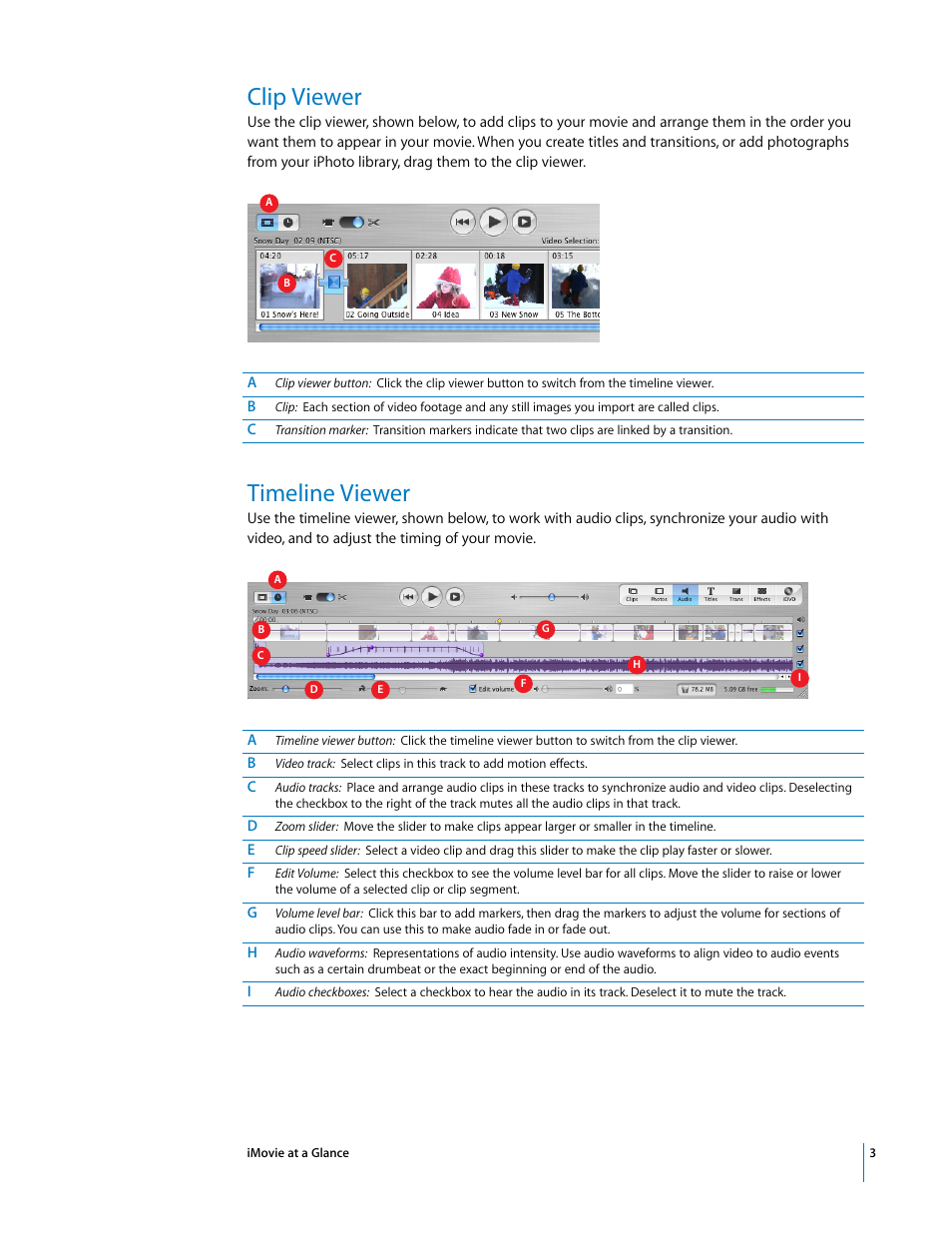 Clip viewer, Timeline viewer | Apple iMovie at a Glance User Manual | Page 3 / 10
