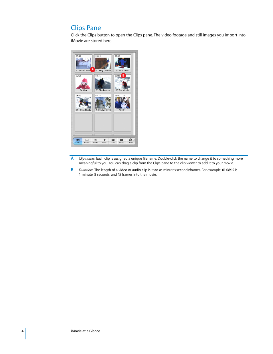 Clips pane | Apple iMovie at a Glance User Manual | Page 4 / 10