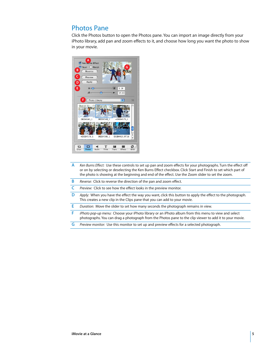 Photos pane | Apple iMovie at a Glance User Manual | Page 5 / 10