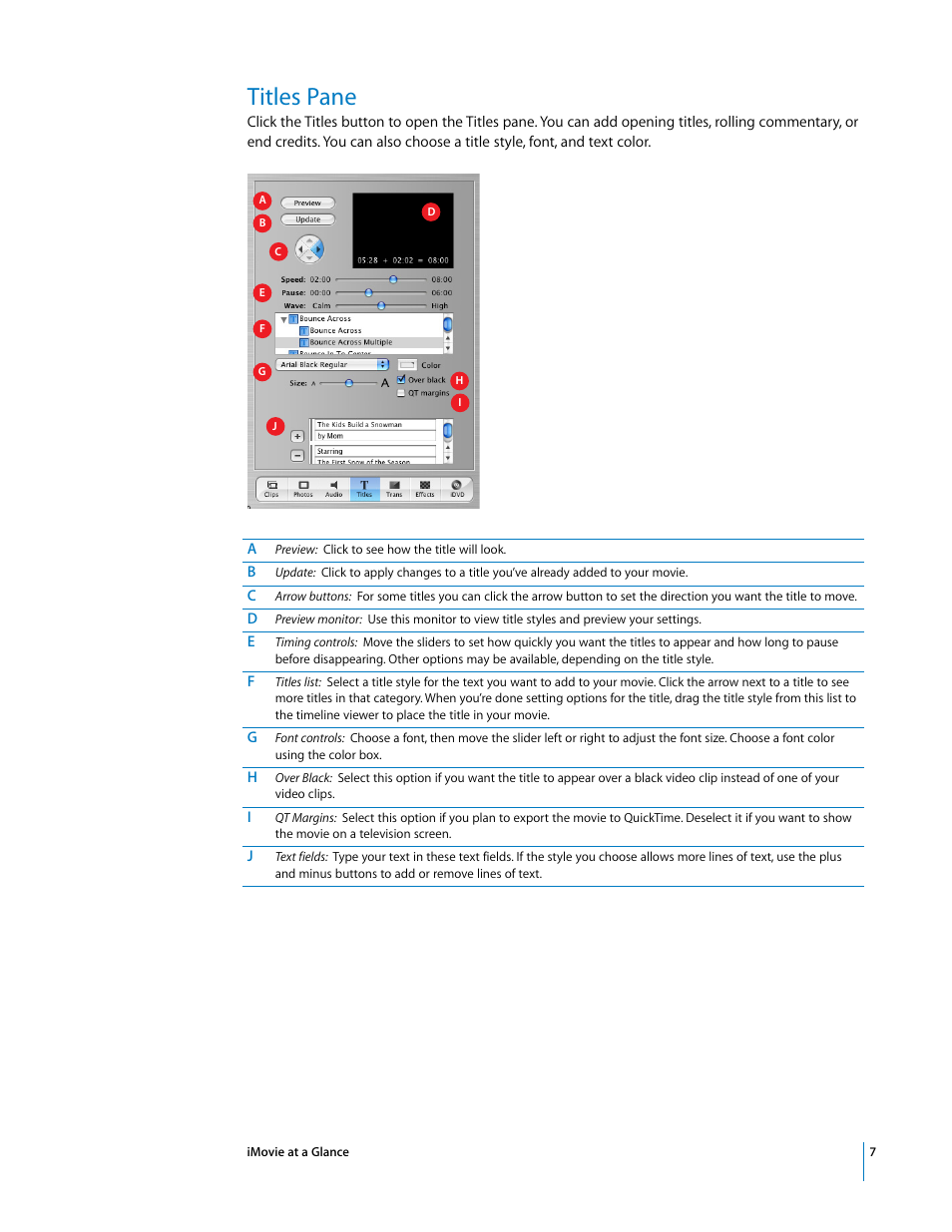 Titles pane | Apple iMovie at a Glance User Manual | Page 7 / 10