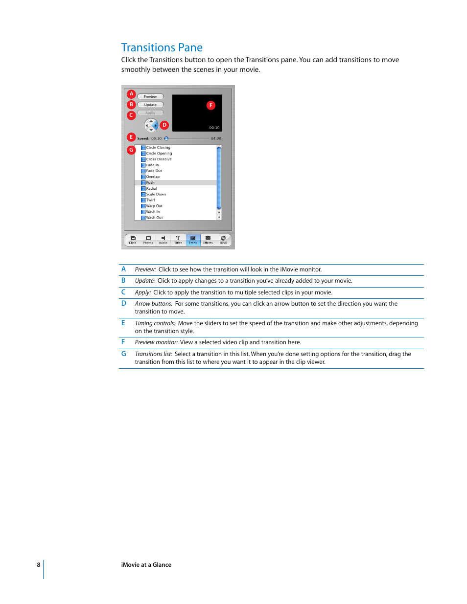 Transitions pane | Apple iMovie at a Glance User Manual | Page 8 / 10