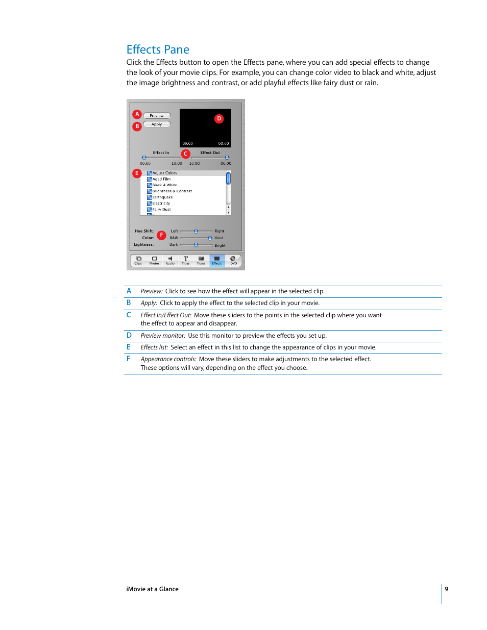 Effects pane | Apple iMovie at a Glance User Manual | Page 9 / 10