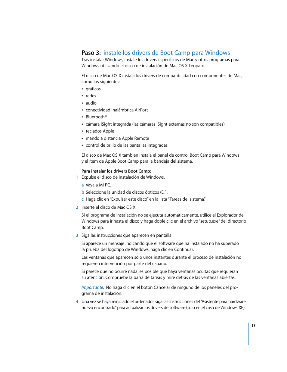 Paso 3, Instale los drivers de boot camp para windows | Apple Boot Camp (Mac OS X v10.5 Leopard) User Manual | Page 13 / 27