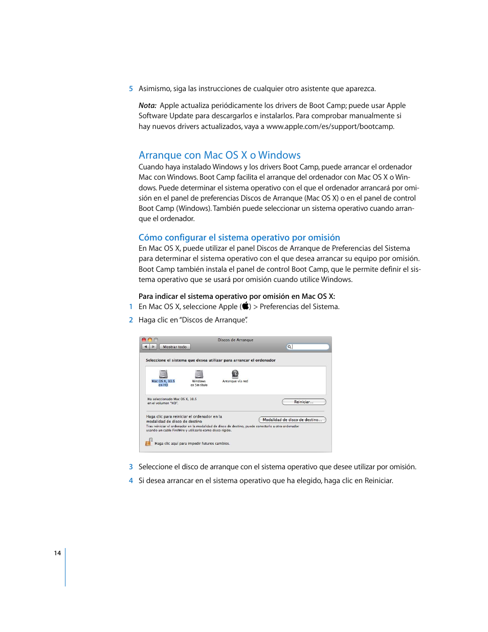 Arranque con mac os x o windows, Cómo configurar el sistema operativo por omisión | Apple Boot Camp (Mac OS X v10.5 Leopard) User Manual | Page 14 / 27